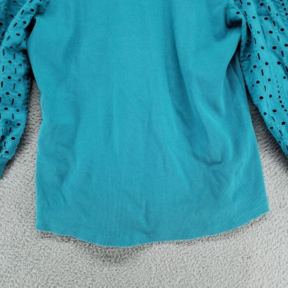 Chico's Pagoda Blue Ribbed Knit Eyelet Henley Top 1/2 Button Womens Size 1 - Picture 13 of 16